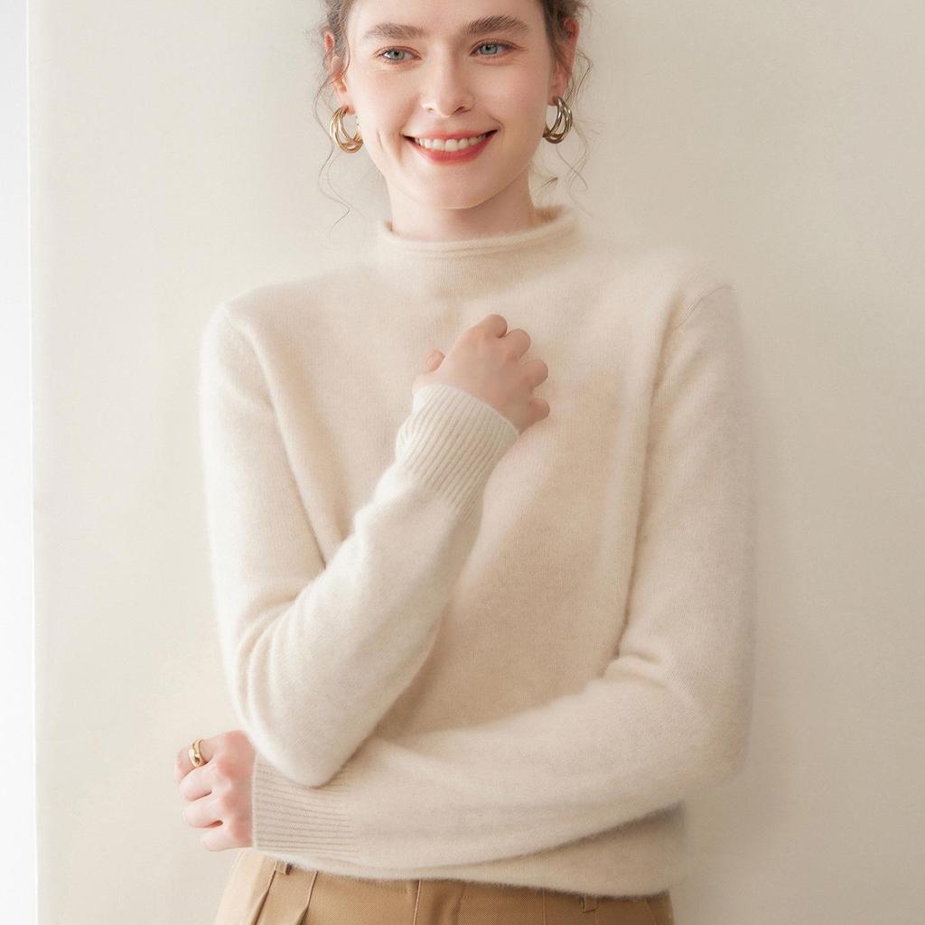 Women's Cashmere Knit Pullover: Seven-Stitch Rolled Hem, Half-High Collar, Solid Color Sweater