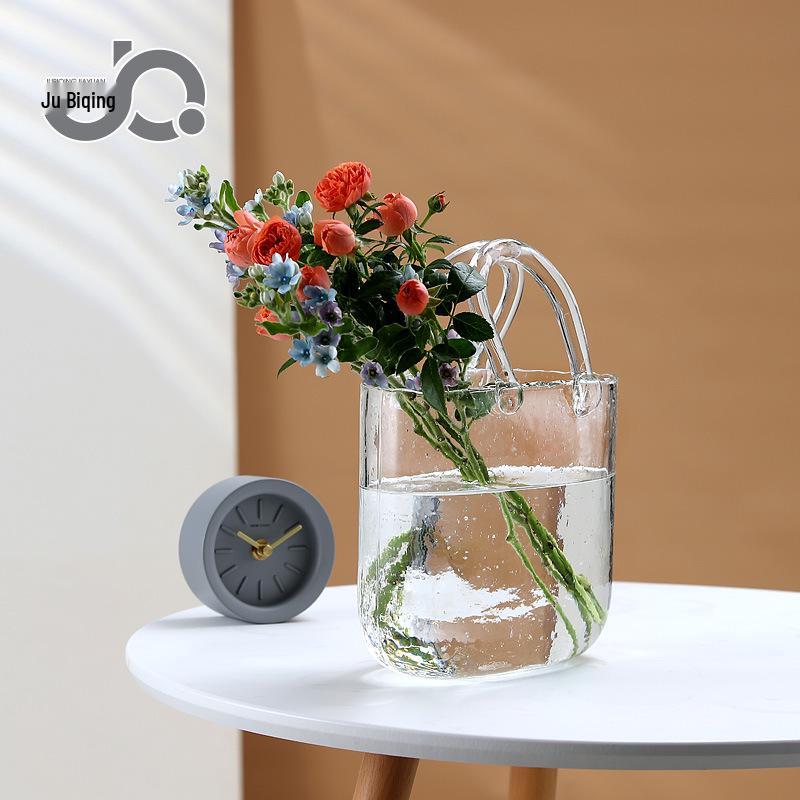 Nordic Glass Vase: Stylish Hydroponic Handbag for Fresh Flowers & Fish, Transparent Blue Fishbowl Design
