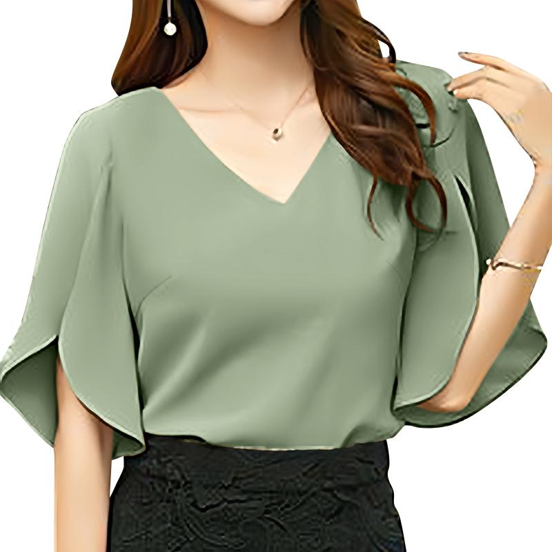 

ZANZEA Женская повседневная блузка с V-образным вырезом, летняя, свободного кроя, с рукавом три четверти 5XL зелёный
