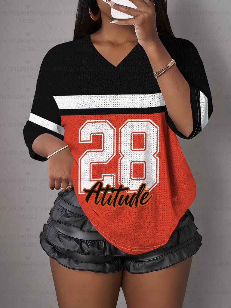T-shirt da Donna Attitude N.28 Stampa Scollo a V Manica Corta Estate Maglietta Grafica Maglie a Rete Taglie Forti T-shirt Sportiva