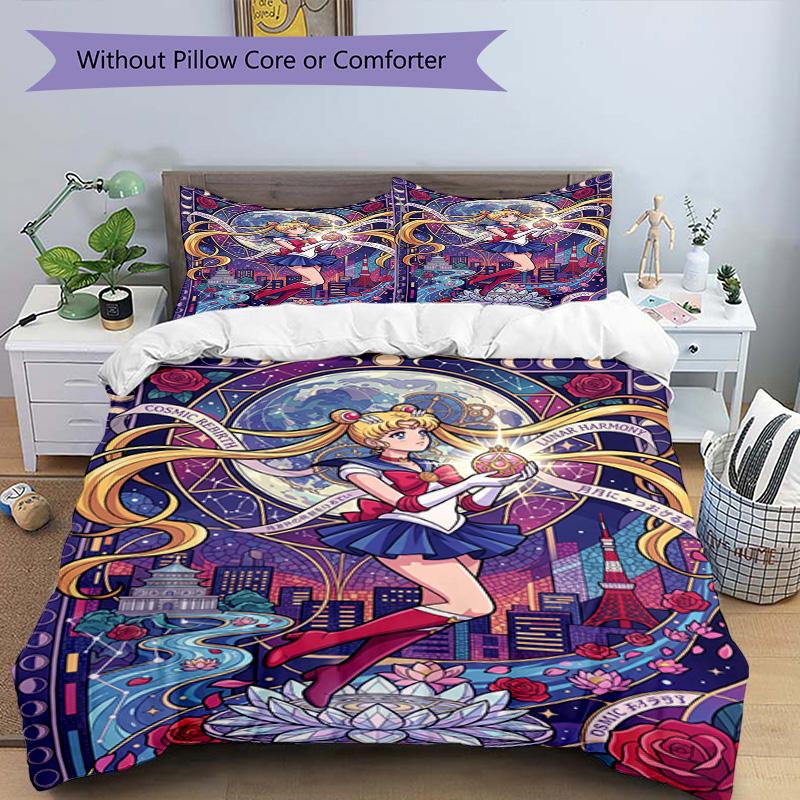 Zestaw 3 poszewek na kołdrę (1*Poszwa na kołdrę + 2*Poszewka na poduszkę, bez rdzenia), Pościel z nadrukiem Sailor Moon, Wystrój sypialni, Na każdą porę roku, Prezent urodzinowy