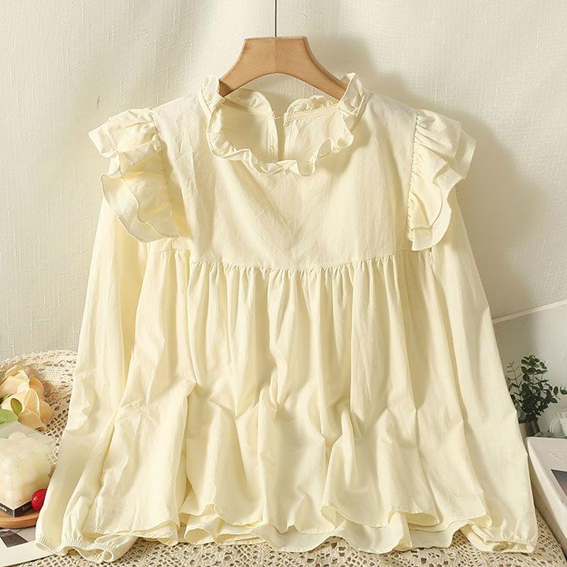 Double Layer Ruffle Edge Women s Shirt Round Neck Pleated Lantern Sleeves Blouse French Style Spring New Version Loose Woman Top M абрикосовый
