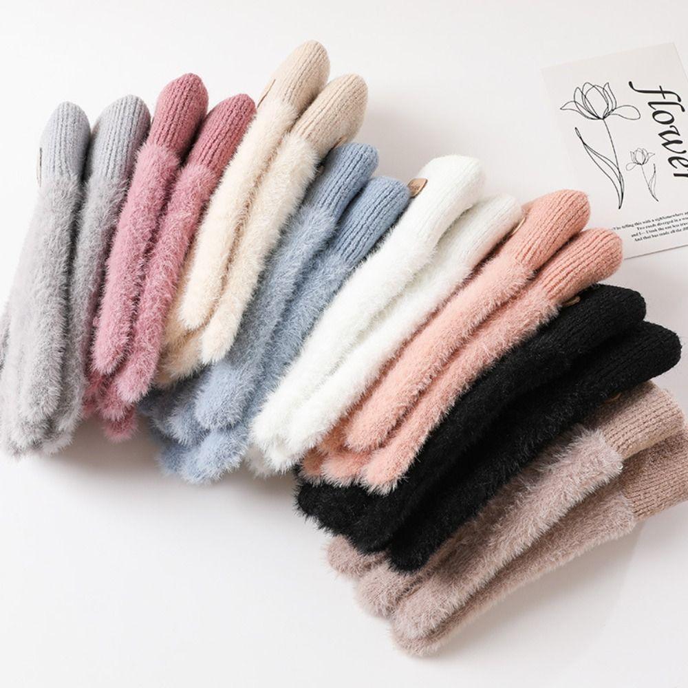 Fashion Thickened Furry Gloves Solid Color Cold-proof All Finger Mittens Warm Windproof Knitted Gloves Men Women