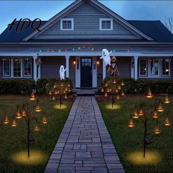 Solar Garden Lights Halloween Tree Stump Light, Powered Stake Twinkling Light Yard Stakes with Ghost Pumpkin Cat Ornaments, Vintage Glowing