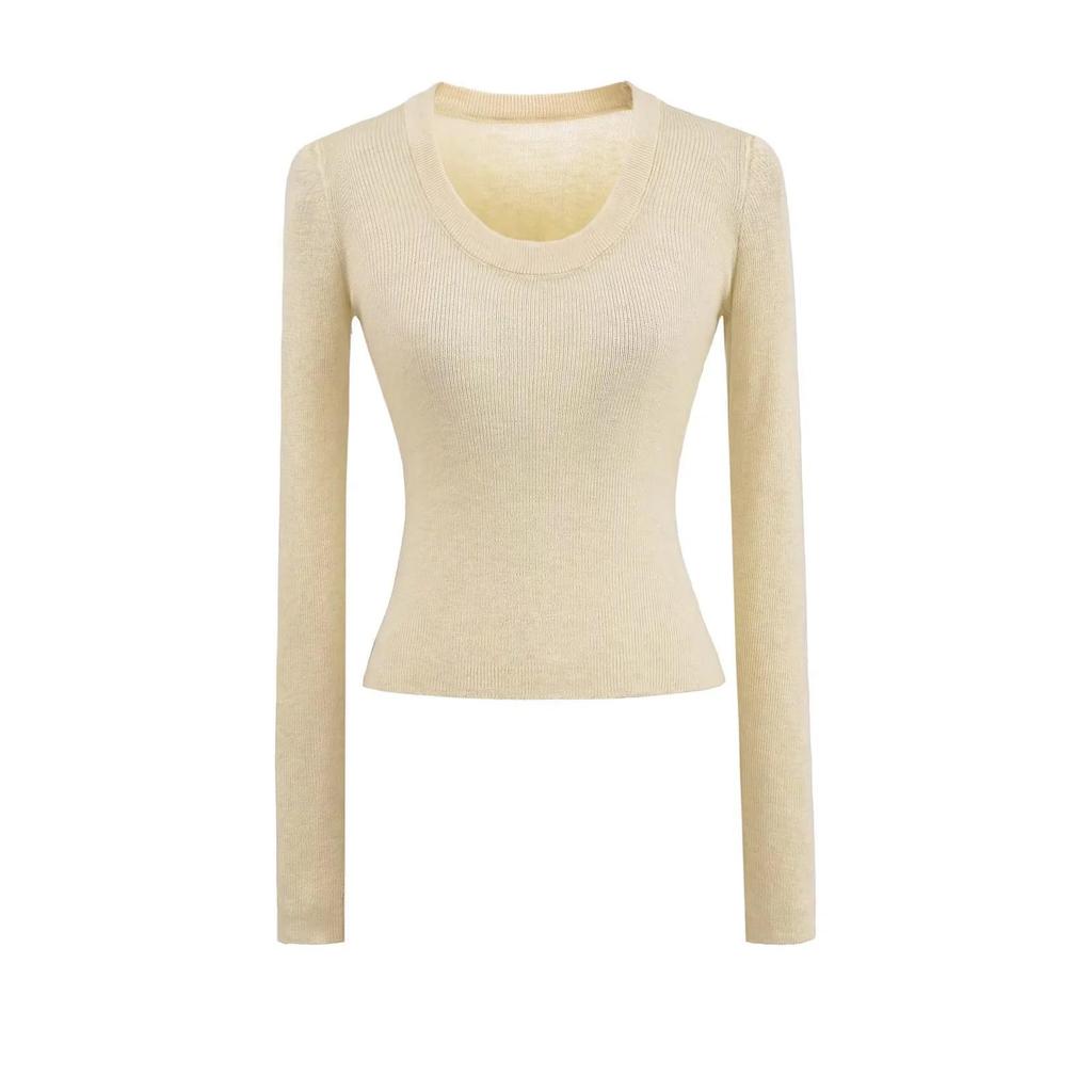 2025 Spring U-Neck Wool Knitwear: Sheer, Slim Fit, Long Sleeve Top