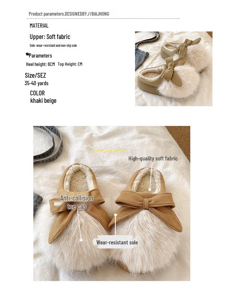 Women's Furry Bow Cotton Slippers: Thick-Soled, Velvet-Lined, Warm, Non-Slip for Autumn & Winter Indoors