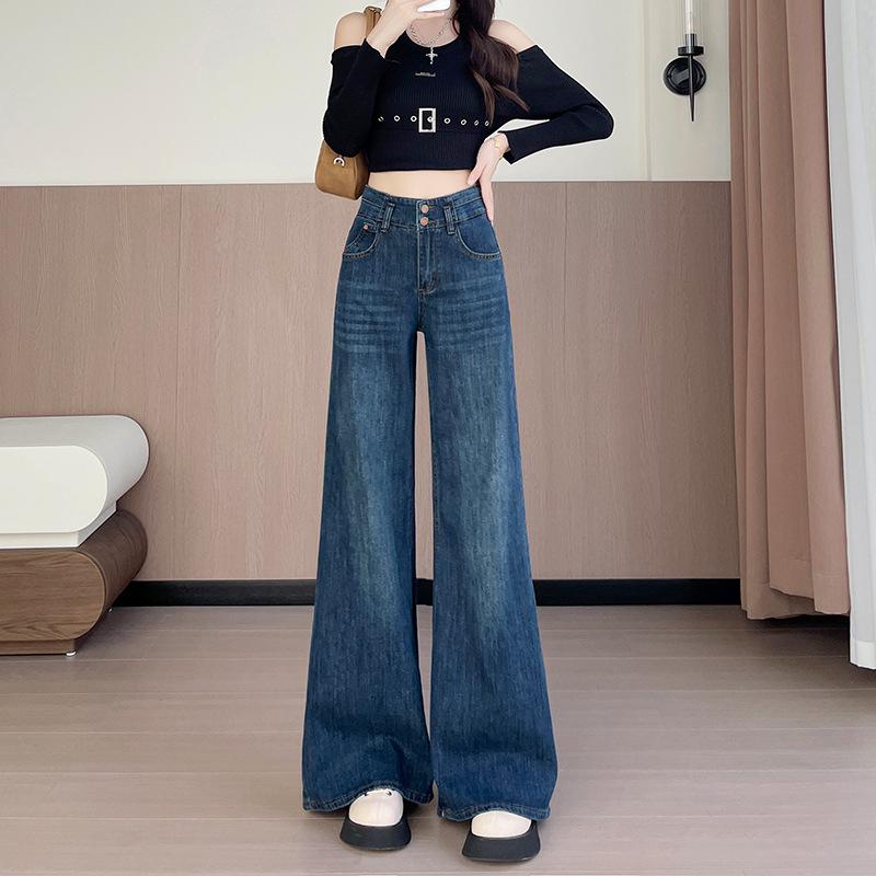 

Women s High-Waist Retro Blue Denim Flare Pants - Wide-Leg, Loose-Fit, Floor-Length for Spring & Autumn XL