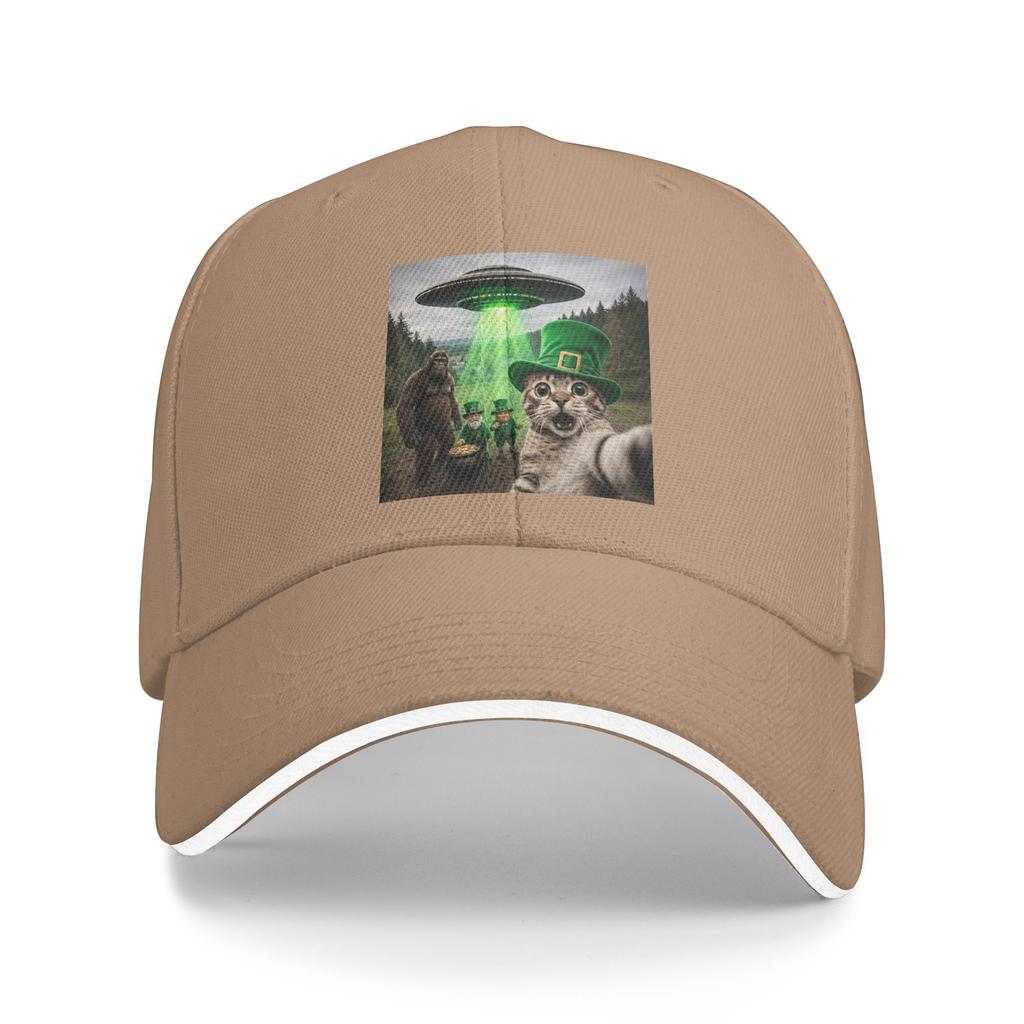 Summer Casual Baseball Cap Funny St Patricks Day Cat Selfie with Leprechaun Bigfoot UFO Unisex Hot Sale  Vintage Baseball Caps