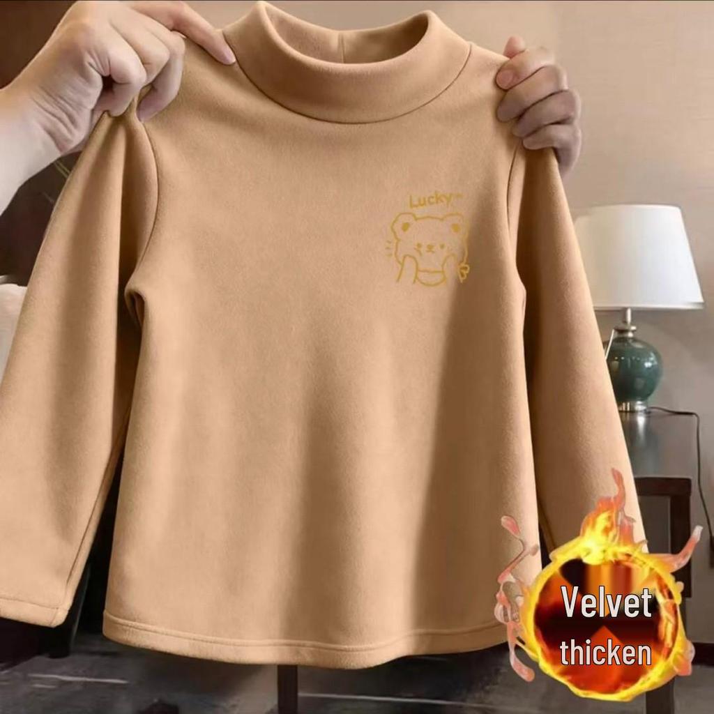 2025 Winter Kids' Plush Velvet Base Layer Half-High Collar T-Shirt for Boys & Girls
