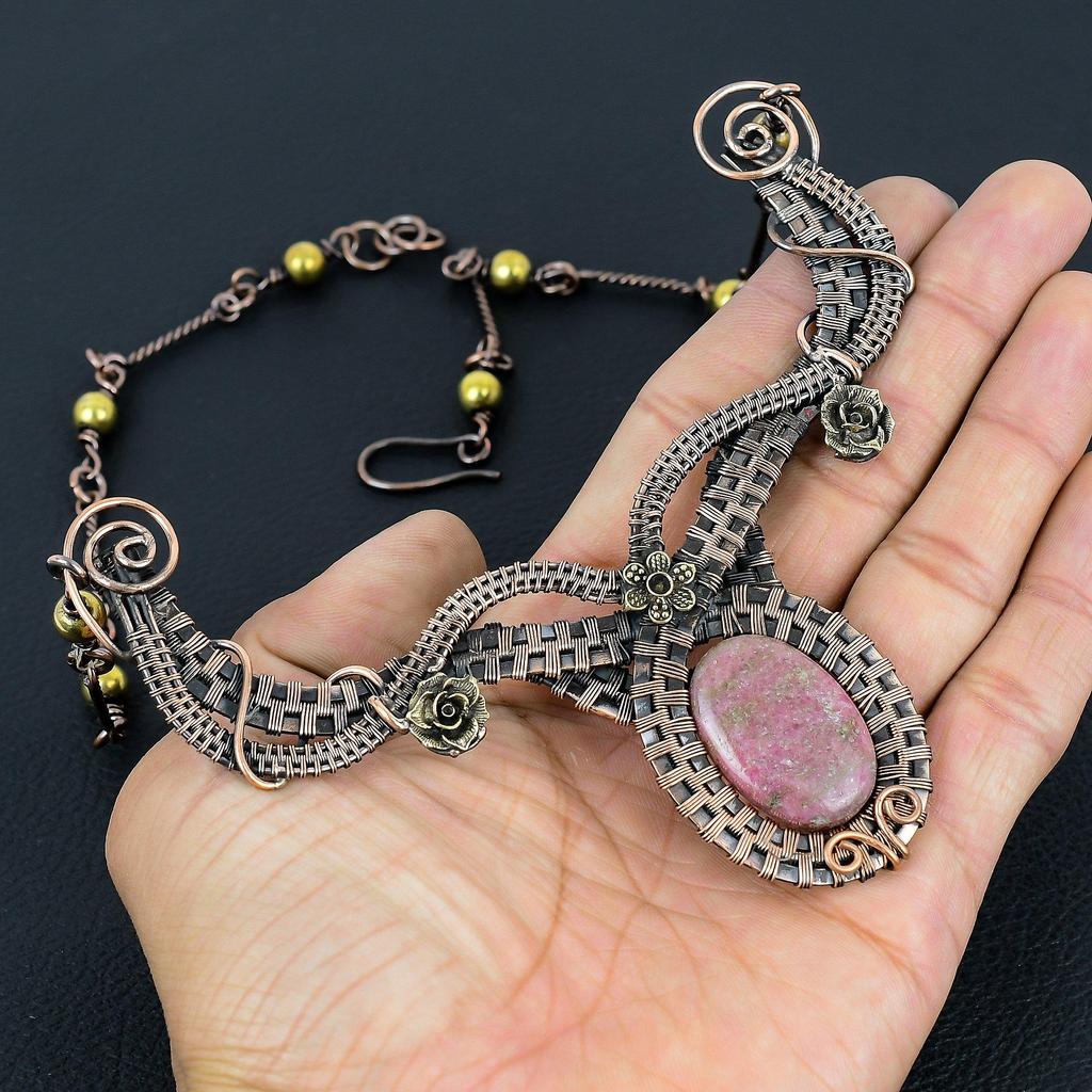 Rhodonite Necklace Gemstone Jewelry, 999 Copper Wire Wrapped Necklace, Adjustable Handmade Chain Necklace Gift For Wife Jewelry
