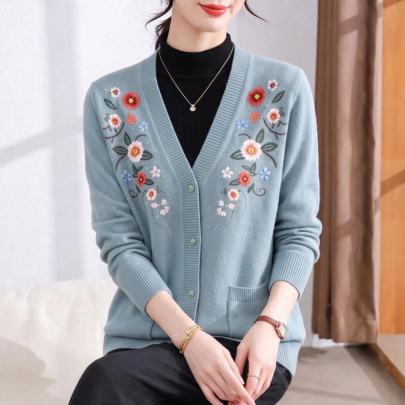 Hengyuanxiang Women's Autumn Floral V-Neck Knit Cardigan