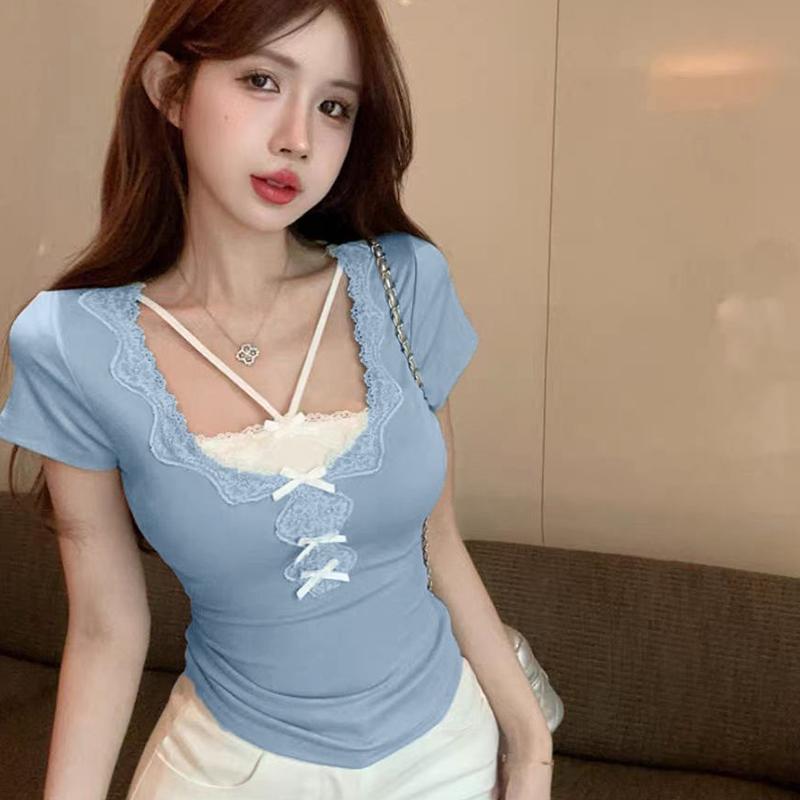 

Сексуальная футболка с бантом и короткими рукавами для девушек, женская летняя футболка из двух частей синий