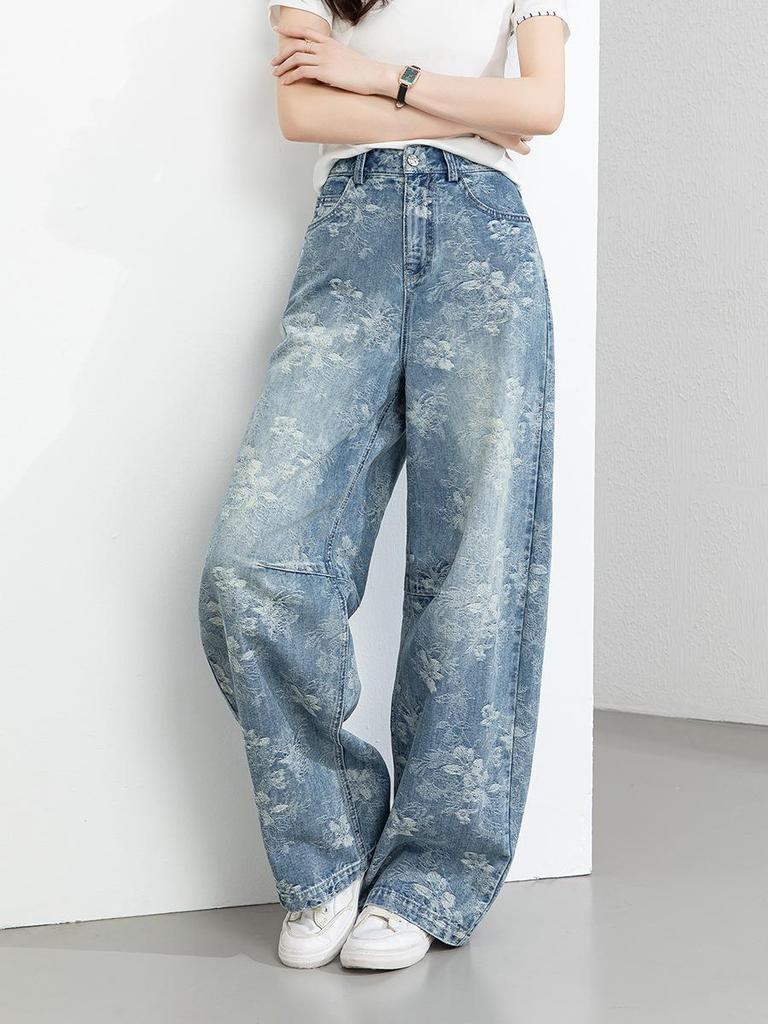 Xinge Women's 2026 Spring High-Waist Jacquard Denim Pants - Loose Wide-Leg, Retro Straight-Leg, and Floor-Length Design.