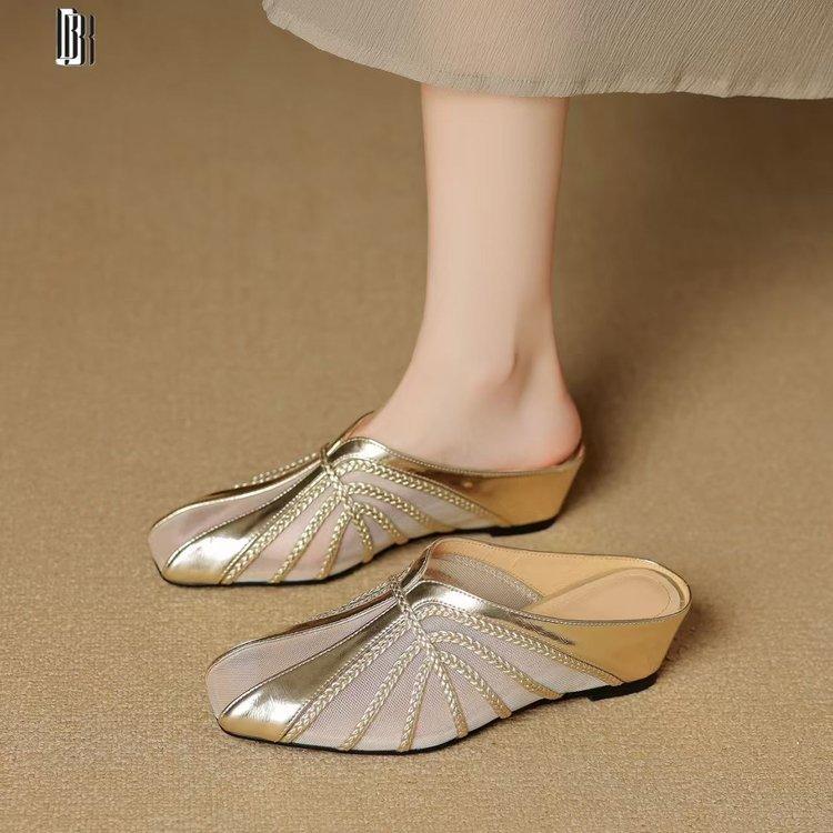 French Light Luxury Mesh Yarn Breathable Bag Head Half Slippers Women's 2025 New New Chinese Square Head Inner Height Increase Medium Heel Sandals