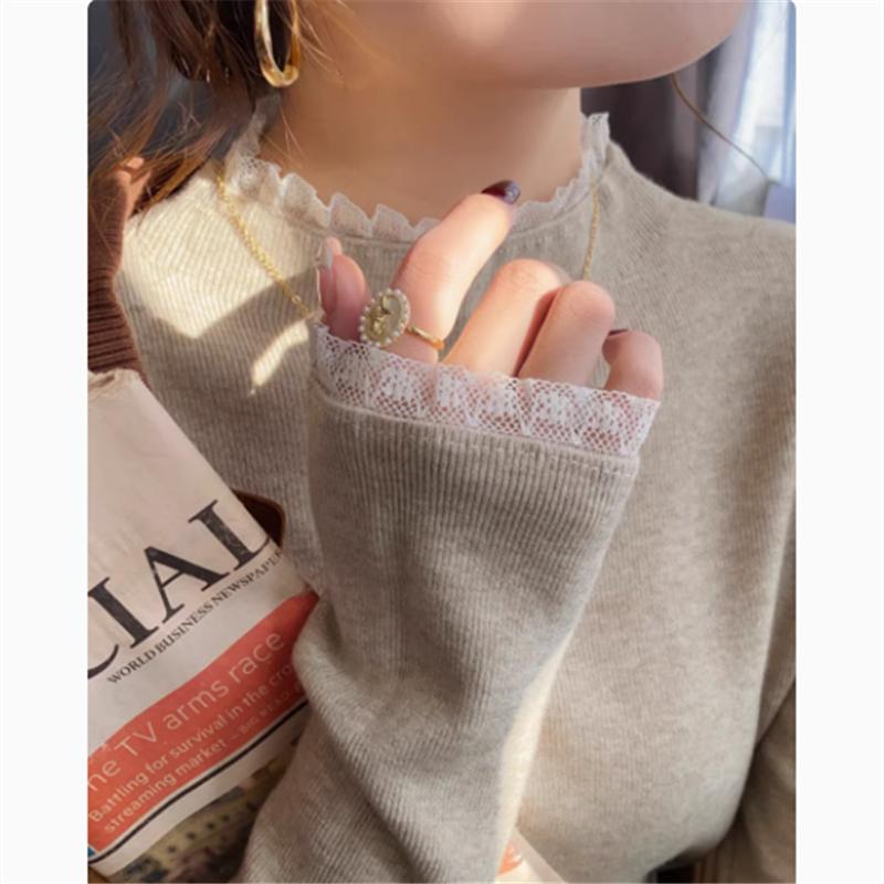 Elegant Fashion Lace Knitted Bottoming Shirt for Women Autumn and Winter Semi-turtleneck Pullover Sweaters Long Sleeve Slim Fit Clothes 2524