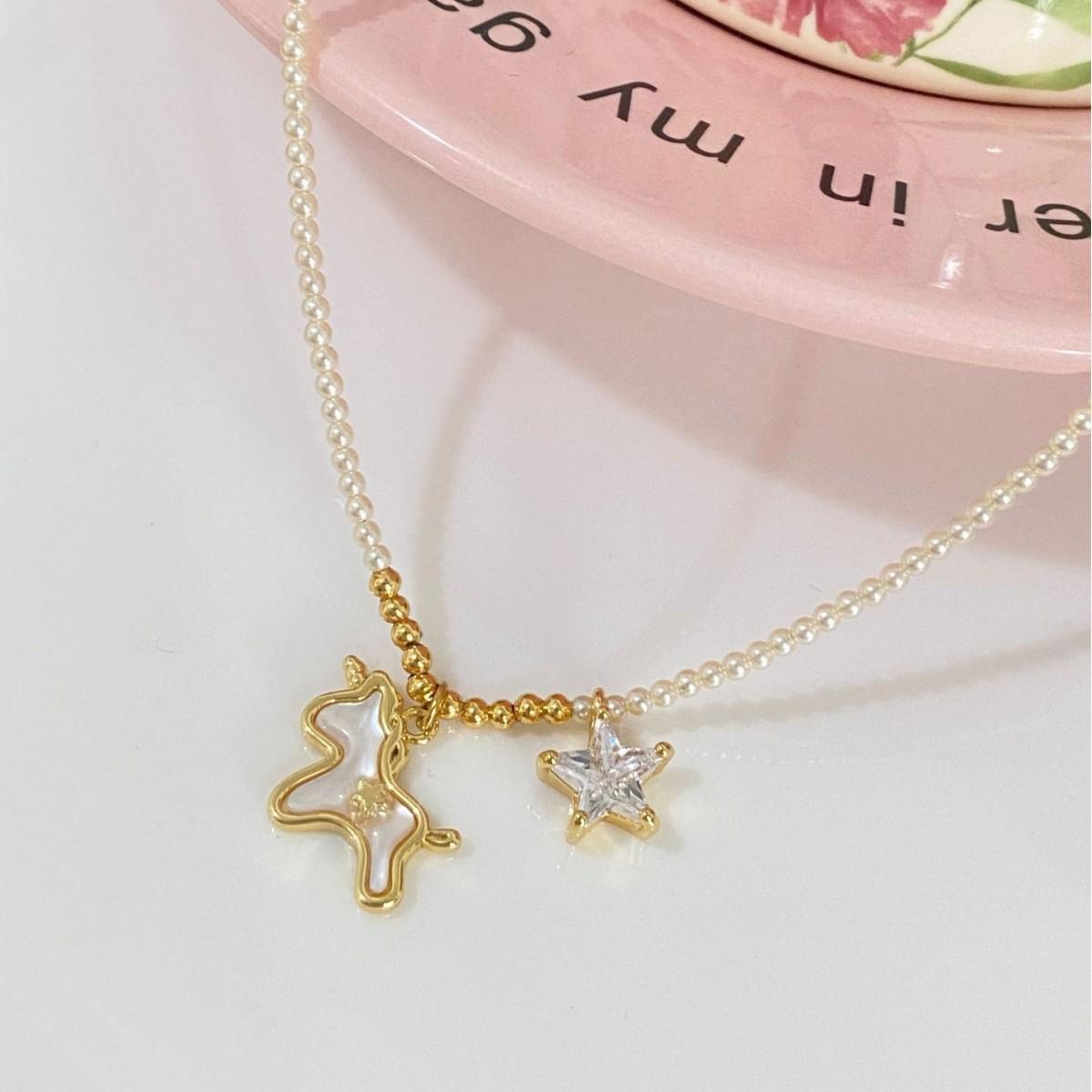 Exquisite Women s Fritillary Unicorn Pendant Necklace with Pearls and Zircon Stars