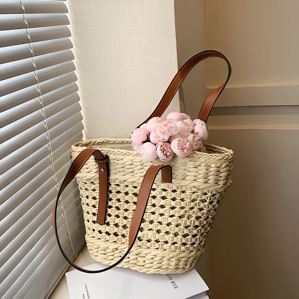 Magno Straw-Woven Tote Bag, Straw Bag, Women's Shoulder Tote Bag, Popular, Cute, Stylish, Stylish, Trendy, Korean, Plus Sizes, Simple, Casual (Beige)