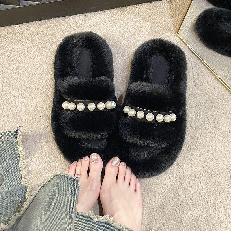 Internet Celebrity Thick-bottomed Fluffy Slippers Women's Outer Wear 2025 New Autumn and Winter Versatile Fashion Pearl Xiaoxiangfeng One-character