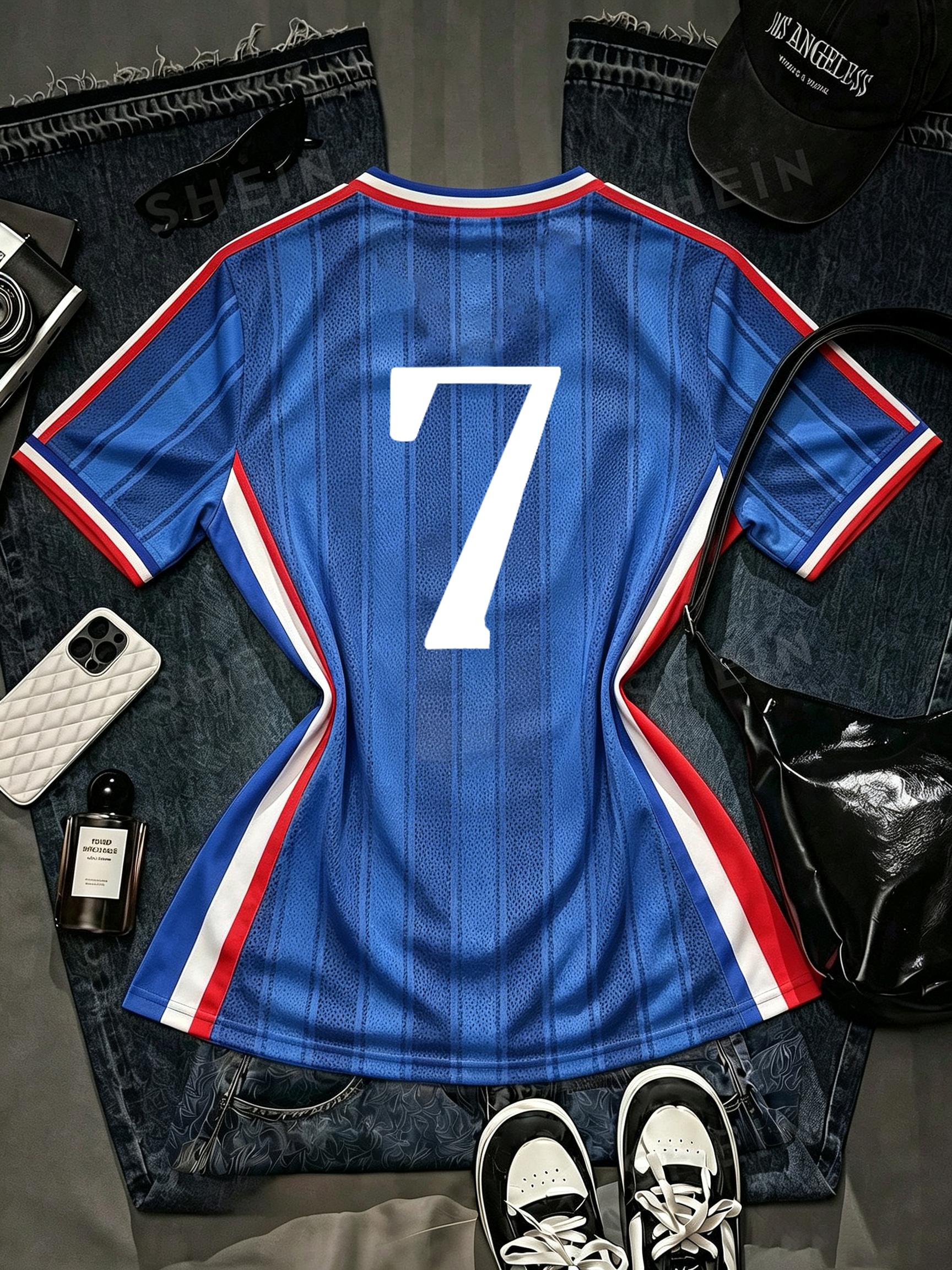 V-Neck France National Number 7 Football Team Jersey Top, Contrast Collar And Cuff Stripes, 2026 Football Sports Match Day Football Street Style Top XXS