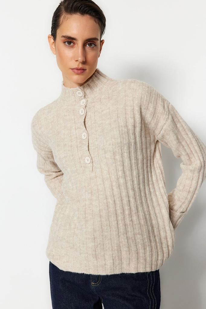 Women's Fashionable Stylish Sweater Stone Wide Fit Soft Textured High Collar Knitwear Sweater