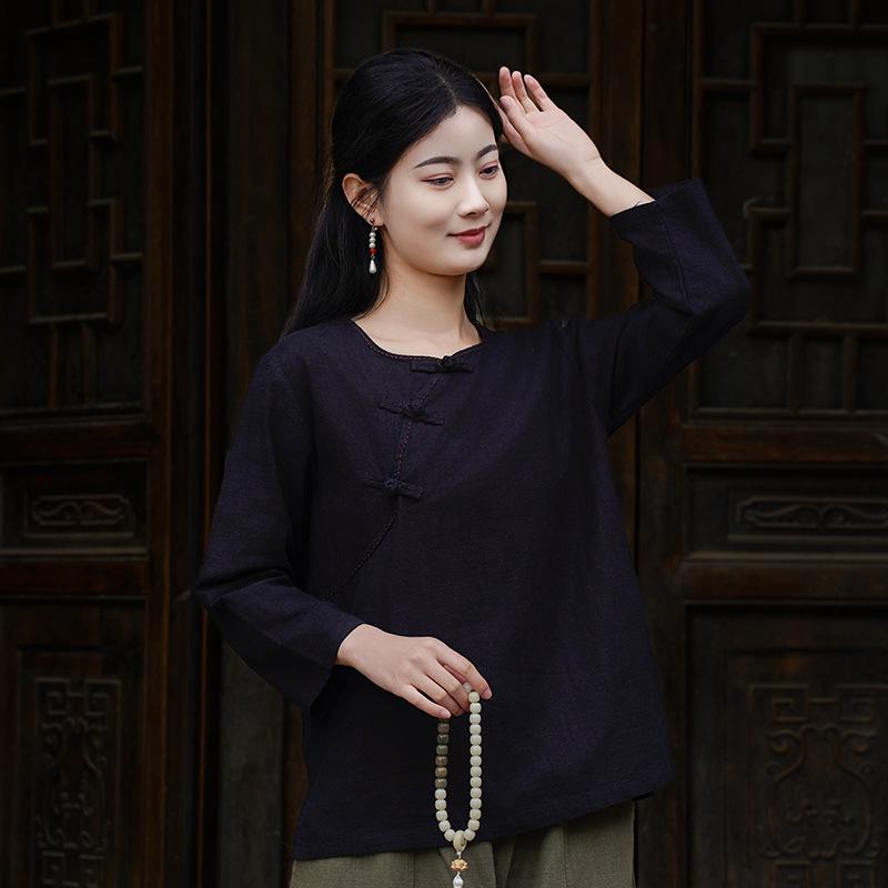 

Spring & Autumn Retro Solid Color Cotton-Linen Zen Tea Top with Oblique Lapel & Frog Button Large чорний