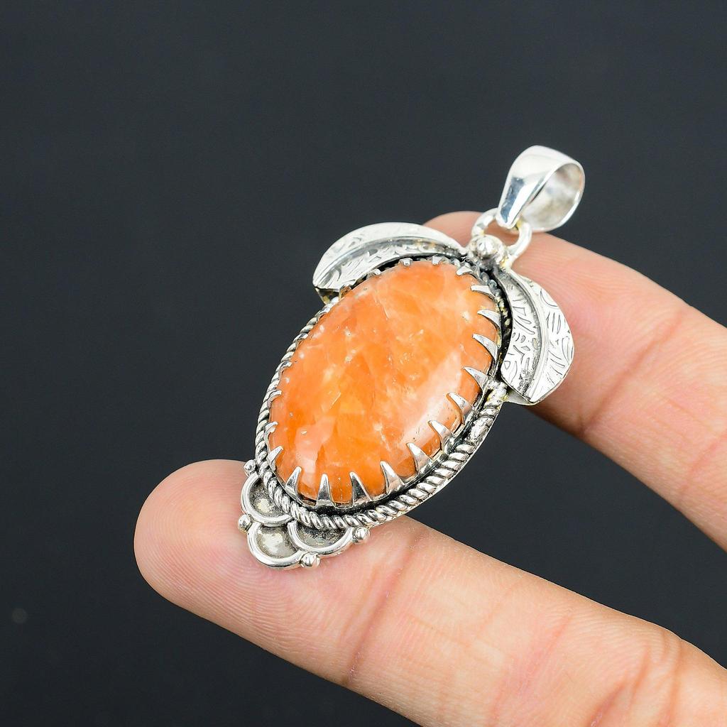 Mothers day Deal Orange Aventurine Gemstone Handmade Wedding Pendant 925 Silver