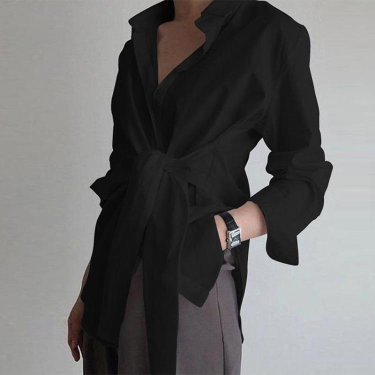 Camicia Bottoni Larga Donna Ufficio Bluse Femminili Bianco Nero Arricciata Manica Lunga Cotone