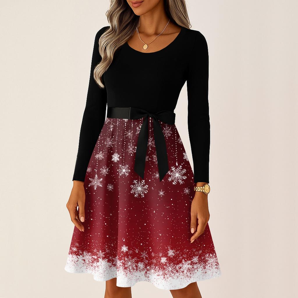 Kadın Günlük Moda Uzun Kollu Noel Grafik Baskılı Vintage Uzun Elbiseler