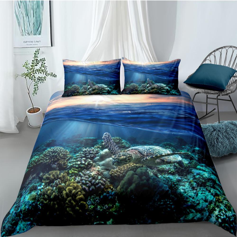 Ocean Duvet Cover Set Queen Double Size Polyester Ocean Animals Fishes Tortoise And Rainbow Color Coral Printed Comforter Cover