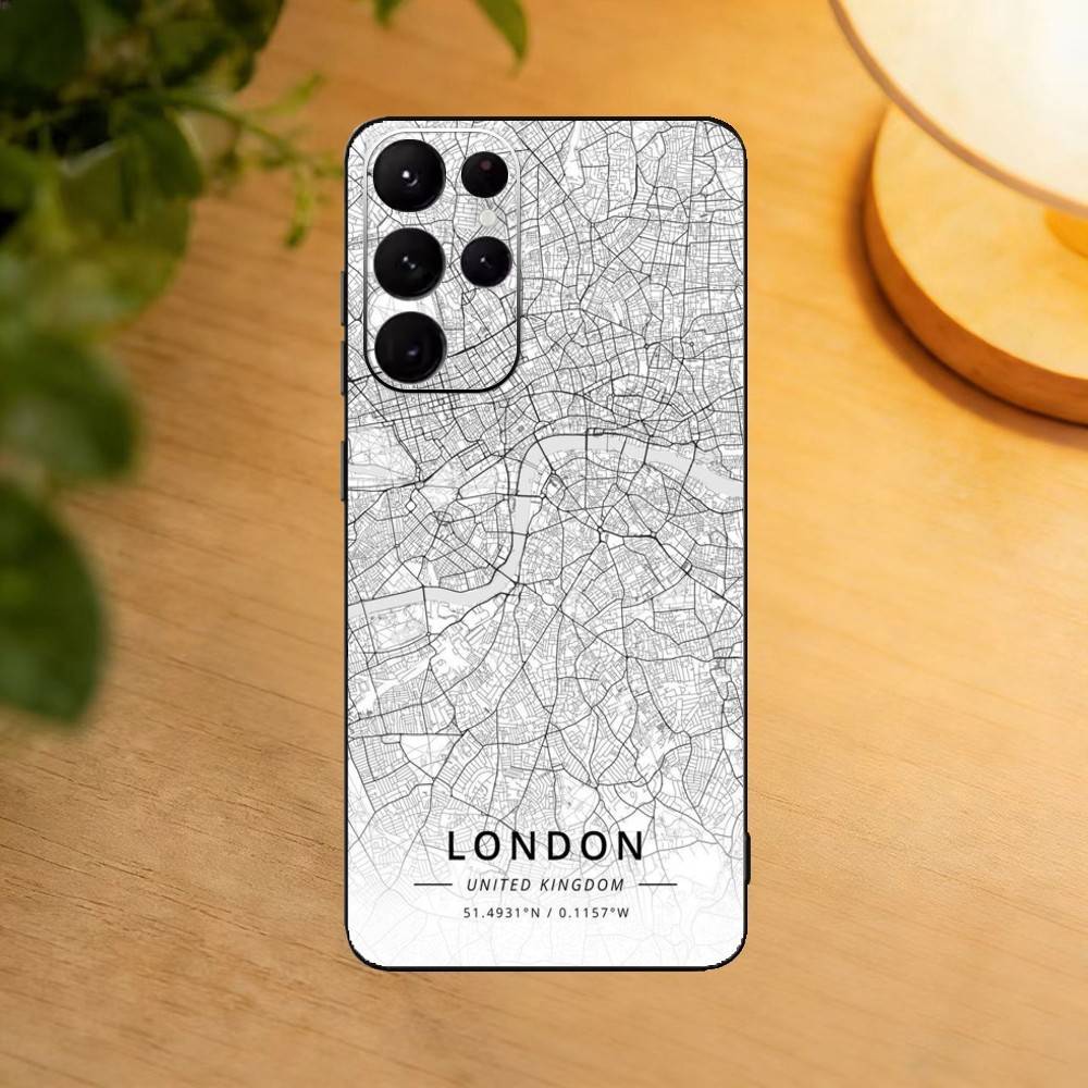 Famous City Sketch City Map Phone Case For Samsung S25,S24,S21,S22,S23,S30,Ultra,S20,Plus,Fe,Lite Black Shell