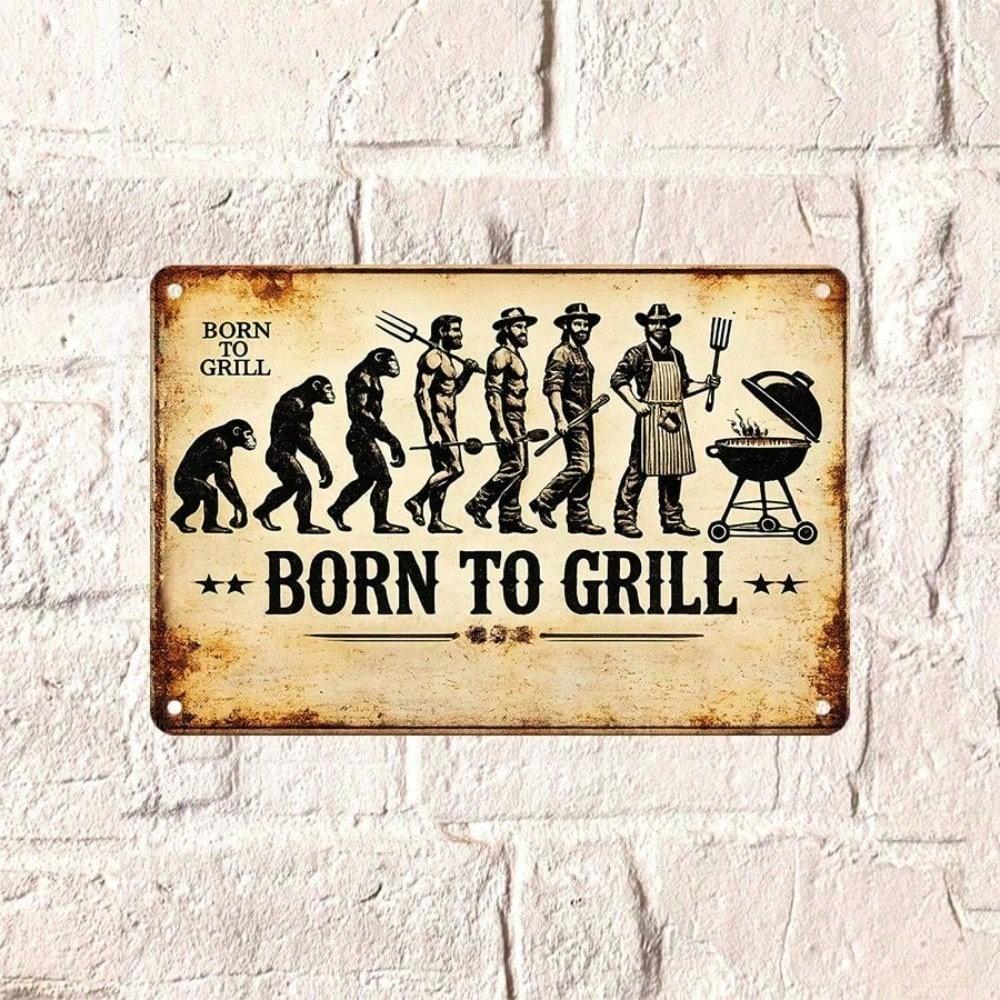 Retro plechová cedule Born To Grill, Plochá vintage BBQ nástěnná plaketa 2D, Odolná železná nástěnná dekorace pro vnitřní i venkovní použití