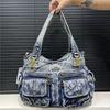 Ladies Vintage Denim Washed Denim Tote Bag Multi Pocket Spice Girl Shoulder Crossbody Bag