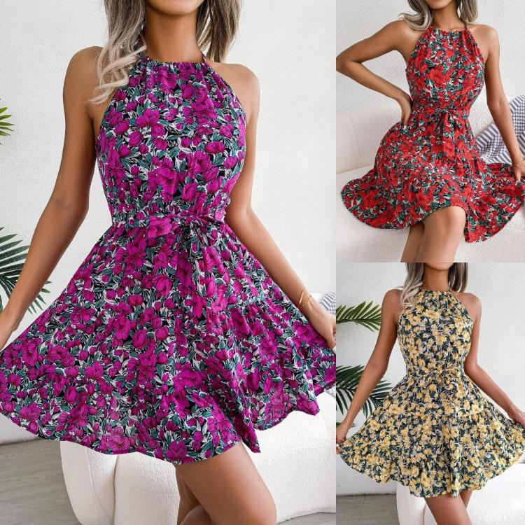 Summer Holiday Floral Long Dress Halter Neck Tie Open Backless Irregular Design Party Dress Spring Summer S-XL