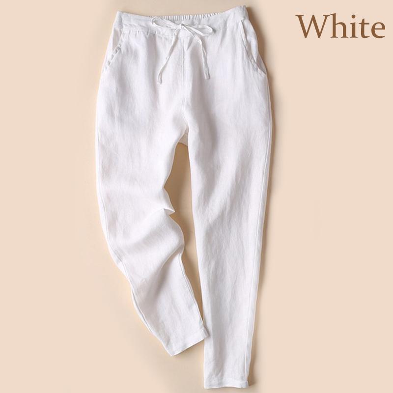 Women Solid Color Cotton Linen Elastic High Waist Trousers Casual Elegant Loose Party
