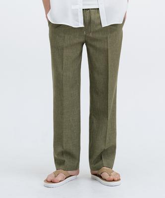 Atejeu Cool Linen-Like Single-Pleat Semi-Wide Elastic Waist Pants [Khaki]