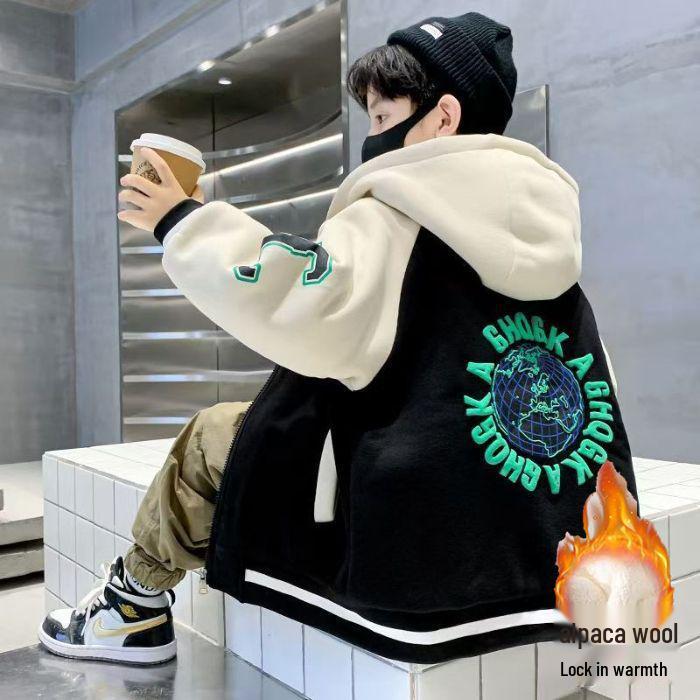 Jungen Mittlere-Große Koreanischer Stil Patchwork Kapuzen-Baseballjacke - Frühling/Herbst 2025