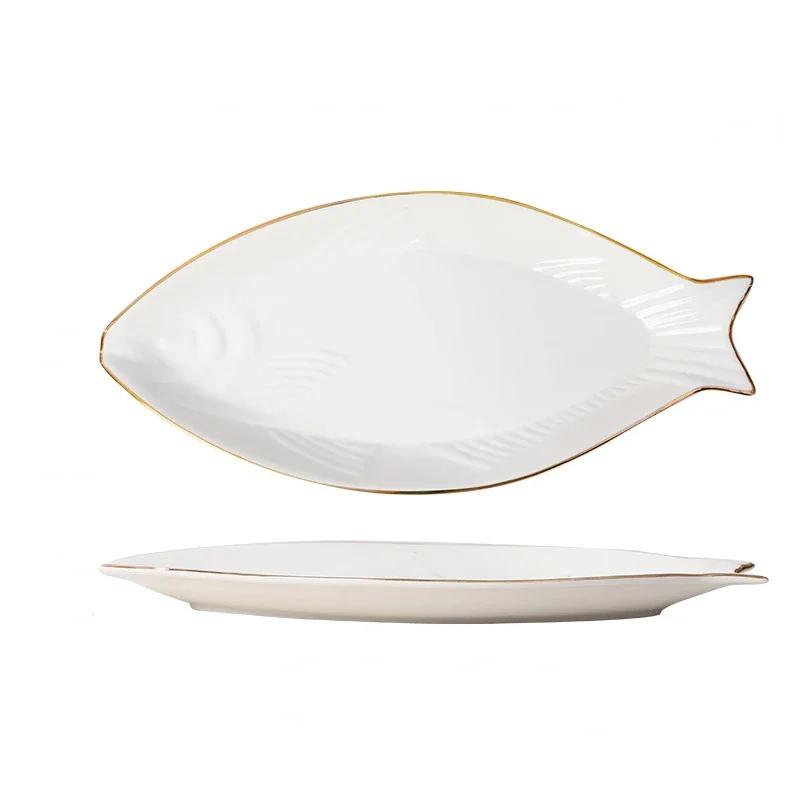 Porzellan Fischteller mit goldrandigem Kreativ-Fischförmigem Dinner-Platzteller Gedämpfter Fisch Restaurant Küchentischgeschirr