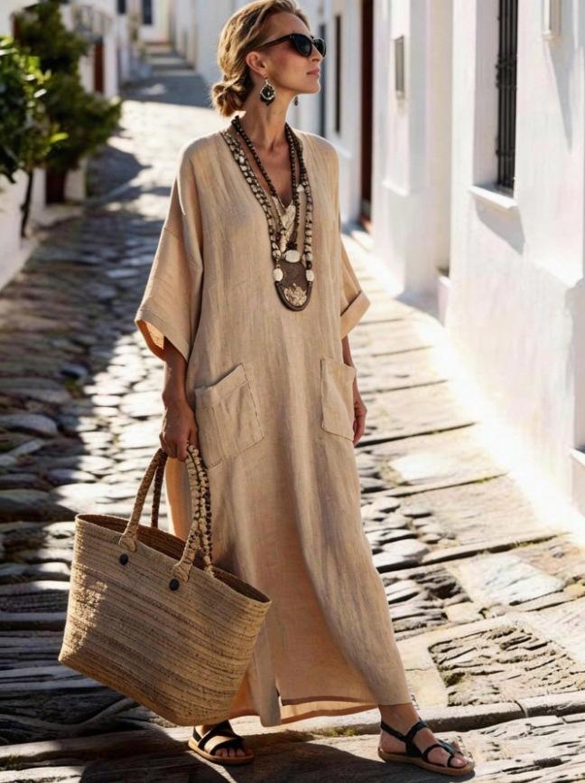 Summer Fashion Casual Hot Sale Solid Color Pocket V-neck Loose Imitation Linen Cotton Dress Women's Clothing