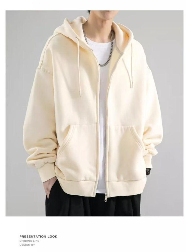 Men's Solid Color Fleece-Lined Zip-Up Hoodie, Spring & Autumn, Loose Fit, Versatile Hong Kong Style