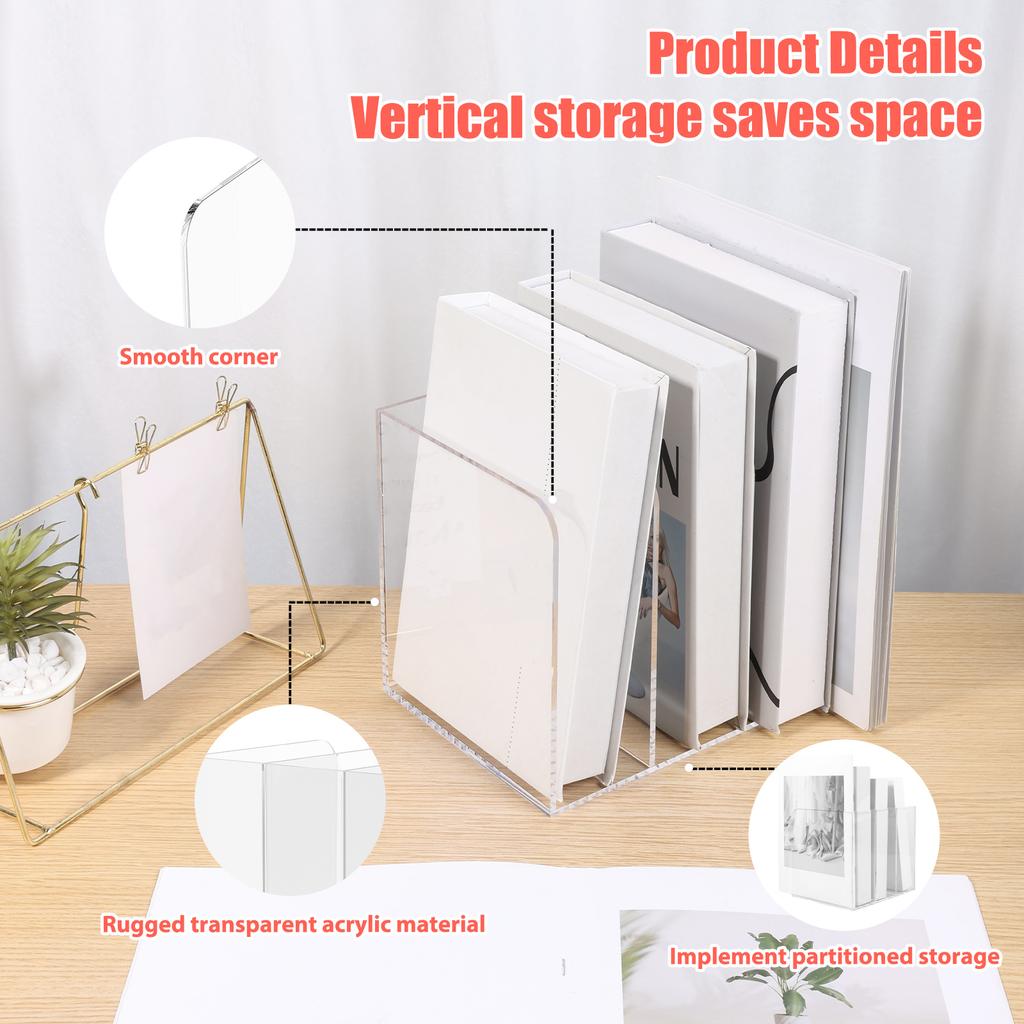 Desktop Bookshelf Acrylic Transparent File Organizer with 3 Compartments Magazine Storage Rack for Home Office and School