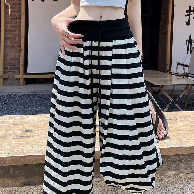 2026 Summer Women's Striped Floor-Length High Waist Loose Wide-Leg Pants