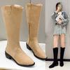Herbst- und Winterstiefel Damen Spitz zulaufende Spitze Dicker Absatz Mittlerer Absatz Wildleder Hohe Seite Reißverschluss Western Damenstiefel