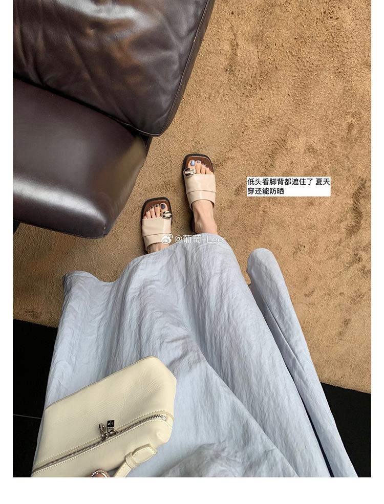 ~ Height increased by 4cm~ Metal buckle fold width one-word set toe slope heel sandals female summer