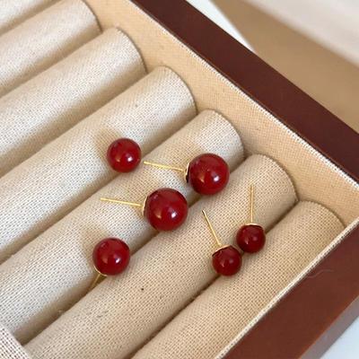 Herbst/Winter Weinrote Perlenohrringe: 925 Silber, festlicher französischer Retro-Stil