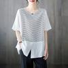 Summer Thin Striped Loose Round Neck Pullover Printed Top New Ice Silk Cotton Linen Women's T-shirt