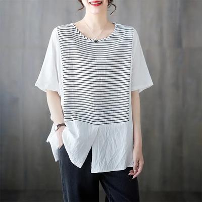 Sommer Dünnes Gestreiftes Lockeres Rundhals-Pullover Bedrucktes Top Neues Eis-Seide Baumwolle Leinen Damen T-Shirt