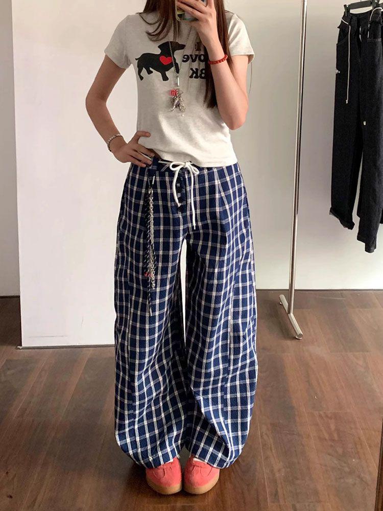 2026 Summer Women's Plaid Patchwork Scalloped Pants