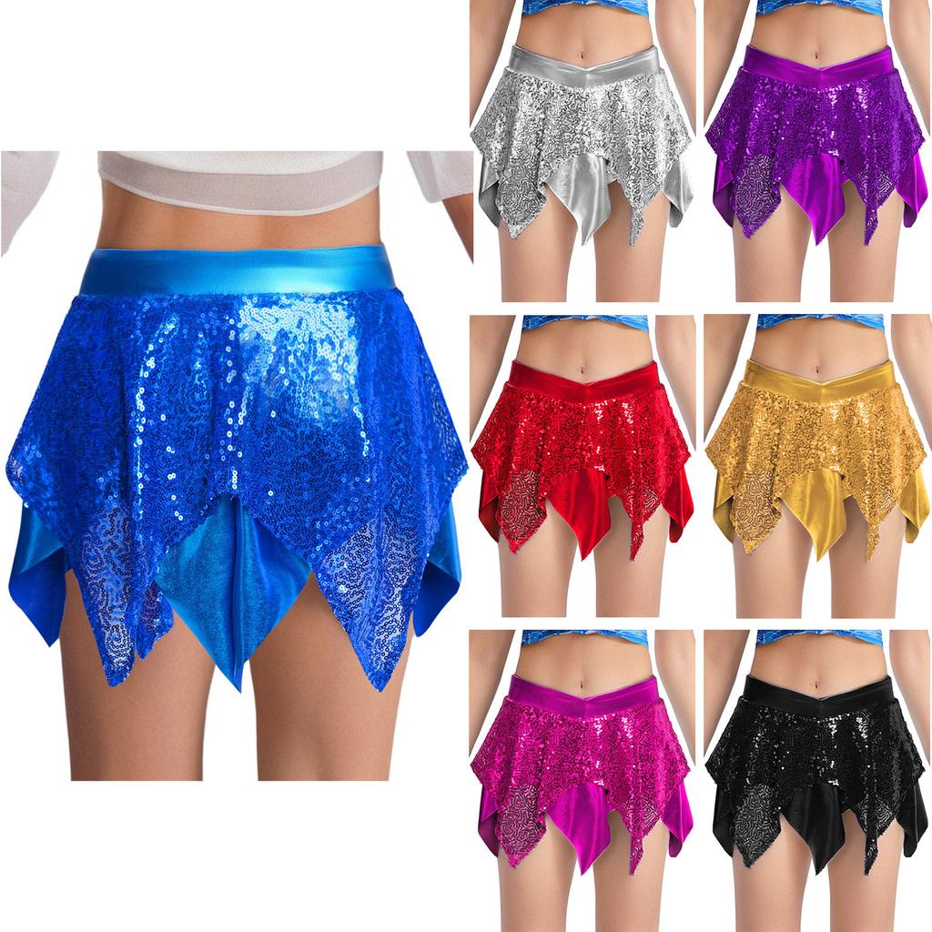 Mädchen Glänzende Pailletten Jazz Tanzkostüm Metallic Asymmetrischer Rock Performance Tanzbekleidung