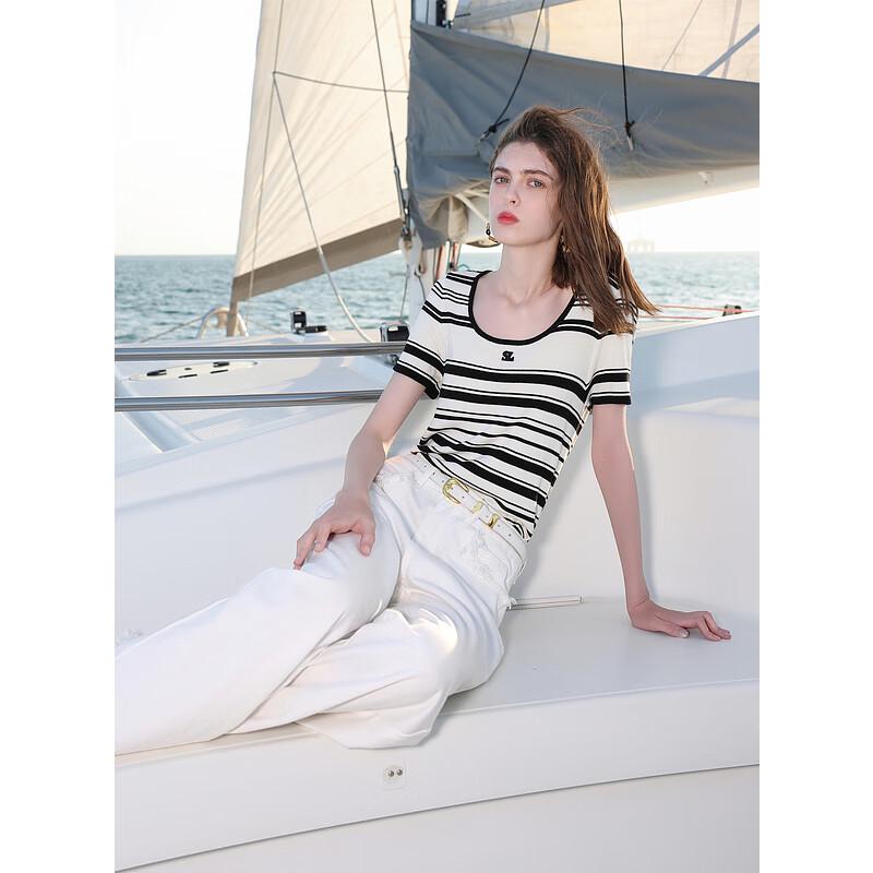 Sancai Women's 2025 Summer Colorblock Stripe Slim Knit Top