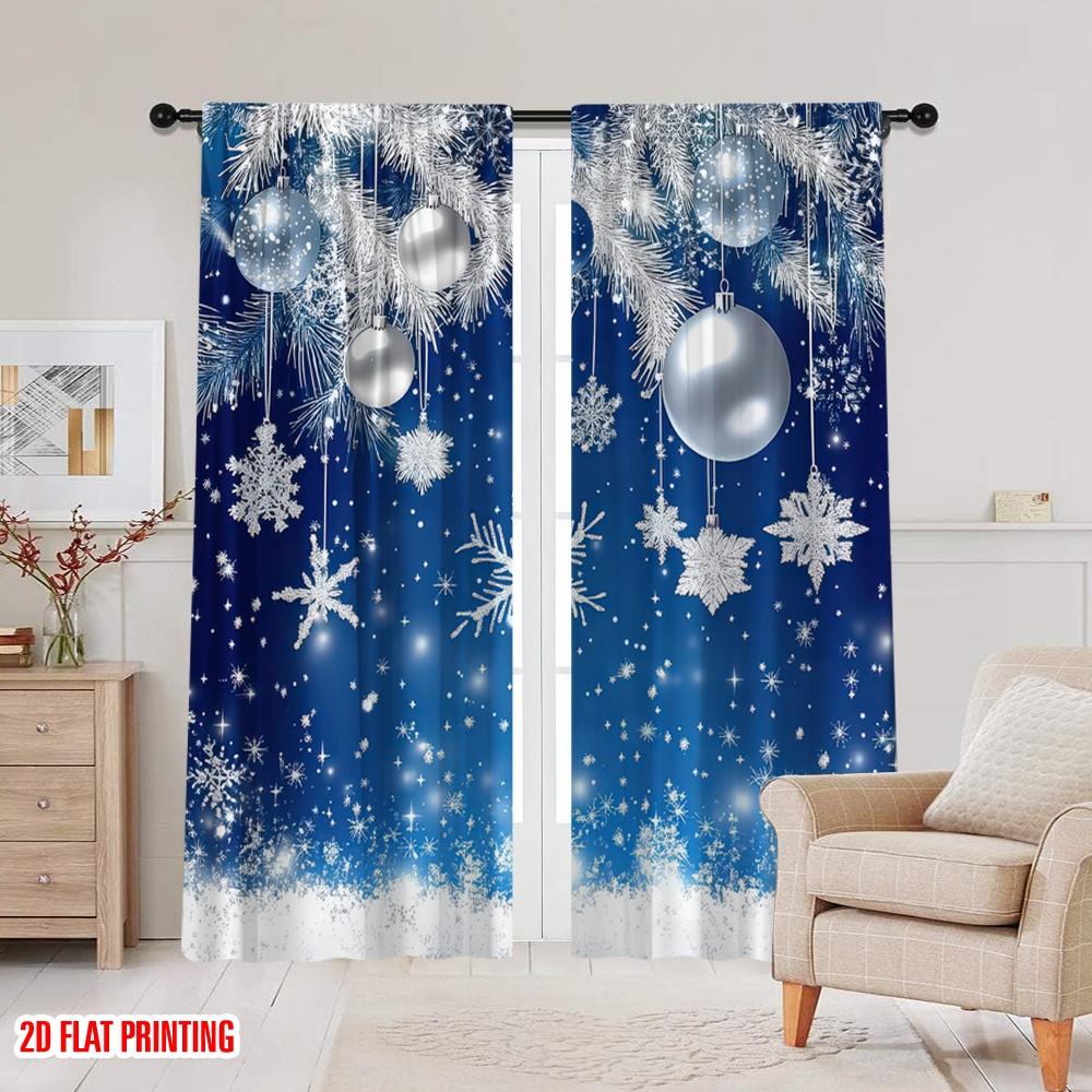 2D flat printing 2pcs Curtains blue Christmas (8) 100% Polyester Fabric Without Electricity Family Party for Indoor Celebrations